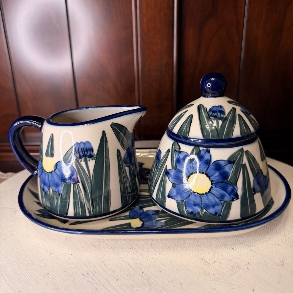 UNIKAT Polish Pottery Creamer Sugar Bowl & Tray Signed Set Of 3 Boleslawiec Rare